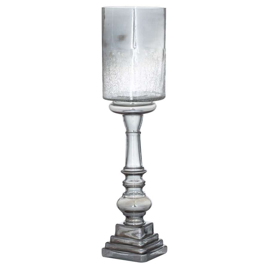 Tall silver smoked glass candle holder, 60cm height, modern elegant centerpiece with warm atmospheric glow by Sostter at brixbailey.com