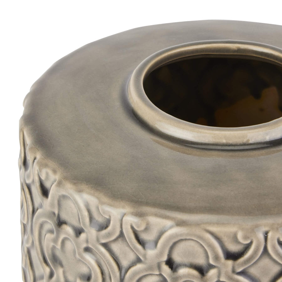 Handcrafted grey ceramic sculptural vase with intricate raised patterns, removable lid, and contemporary organic design by Sostter at brixbailey.com