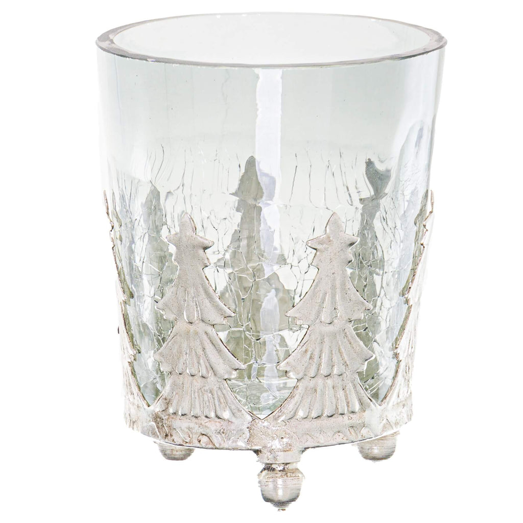 Small frosted glass Christmas tree candle holder with crackled finish, glowing candle inside  by RoomLondon at brixbailey.com