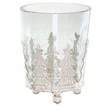 Small frosted glass Christmas tree candle holder with crackled finish, glowing candle inside  by Sostter at brixbailey.com