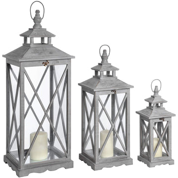Handcrafted wooden lantern set in weathered grey, three rustic farmhouse decor pieces for candles or LED lights by Sostter at brixbailey.com