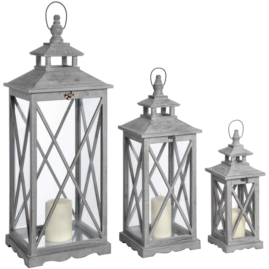 Handcrafted wooden lantern set in weathered grey, three rustic farmhouse decor pieces for candles or LED lights by Sostter at brixbailey.com