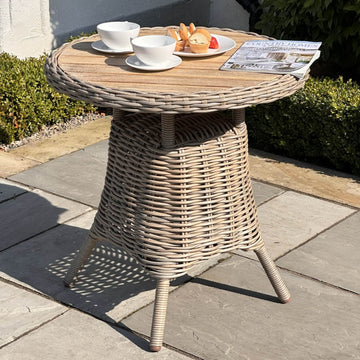 Beige Amalfi bistro table with metal frame and wood top, 70x70cm, perfect for outdoor dining on patio or garden (124 chars) by Hill Interiors at brixbailey.com