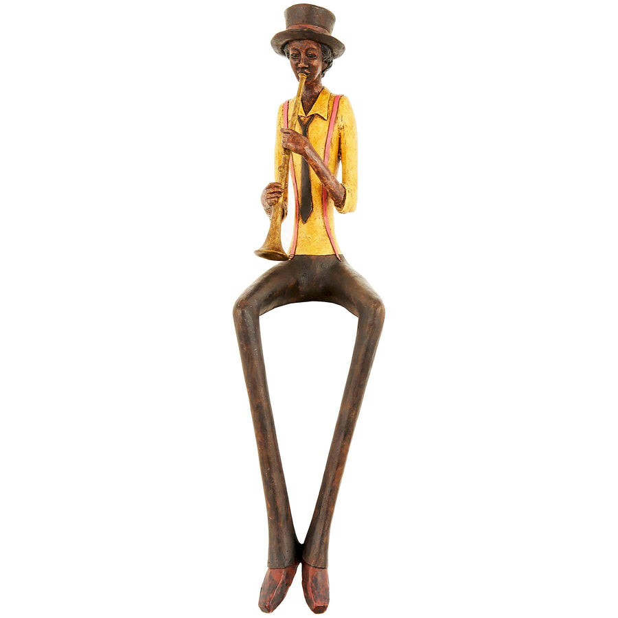 Handcrafted resin jazz trumpeter sculpture in rich brown, 39cm tall, with vintage details for home decor by Sostter at brixbailey.com