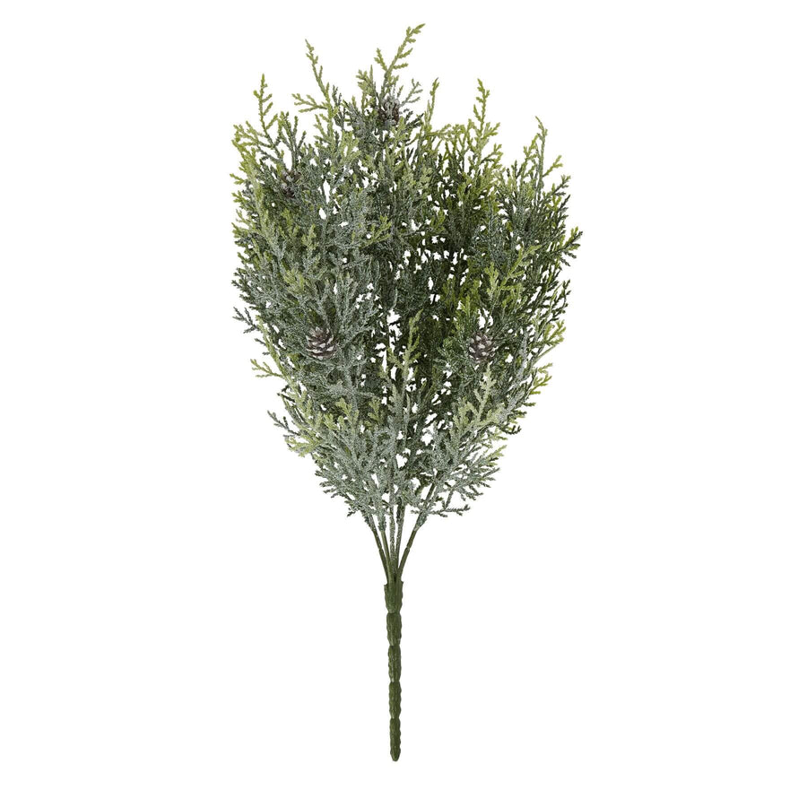 Lifelike frosted pine spray with delicate winter accents for home dÃ©cor, featuring realistic pinecones and branching structure by Sostter at brixbailey.com