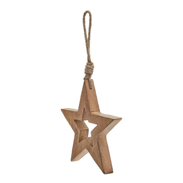 Handcrafted wooden hanging star decor with natural grain, 14cm, rich brown tones for cozy home ambiance. by Sostter at brixbailey.com