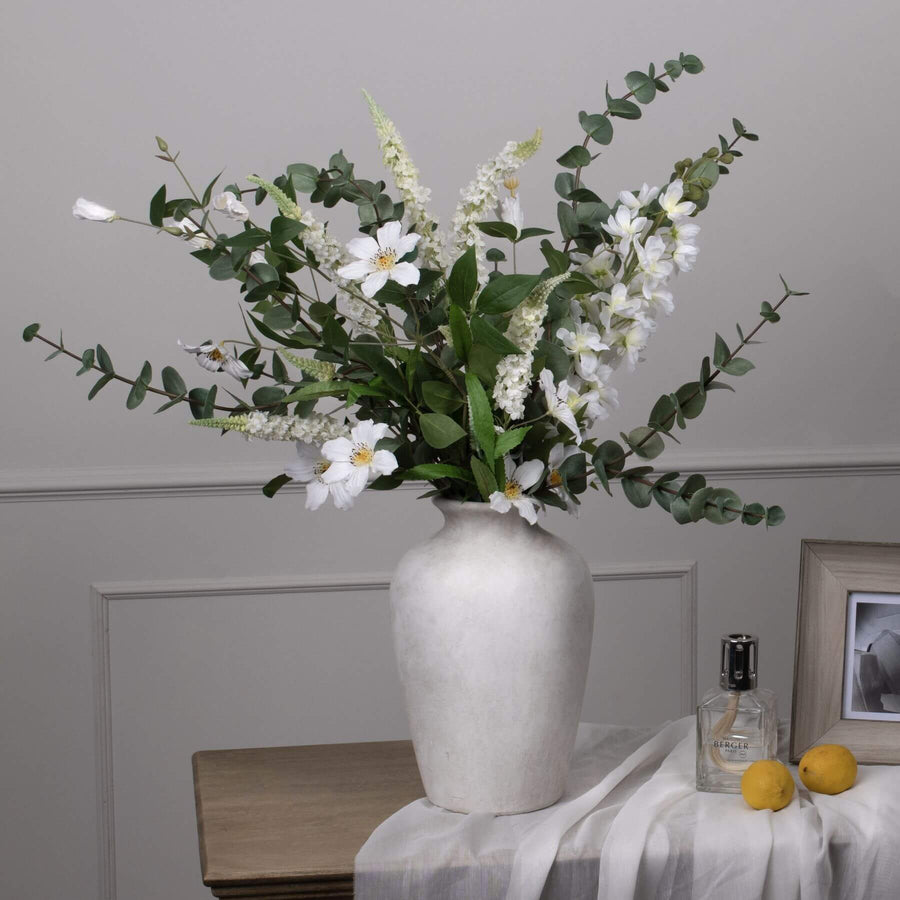 Handcrafted Darcy stone vase in natural stone finish, 33cm tall, with textured ceramic surface for modern or classic decor. by Sostter at brixbailey.com