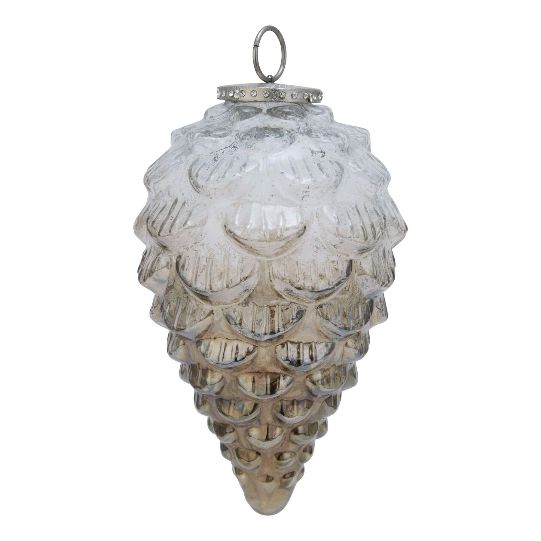 Hand-blown glass pine cone bauble with coffee-to-white ombre gradient, rustic yet modern holiday decor. by RoomLondon at brixbailey.com