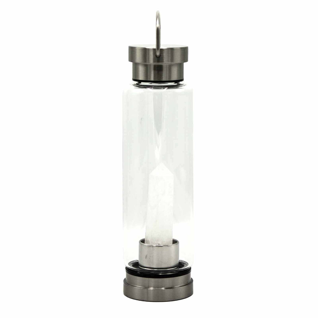 Crystal Infused Glass Water Bottle with Clear Quartz Obelisk