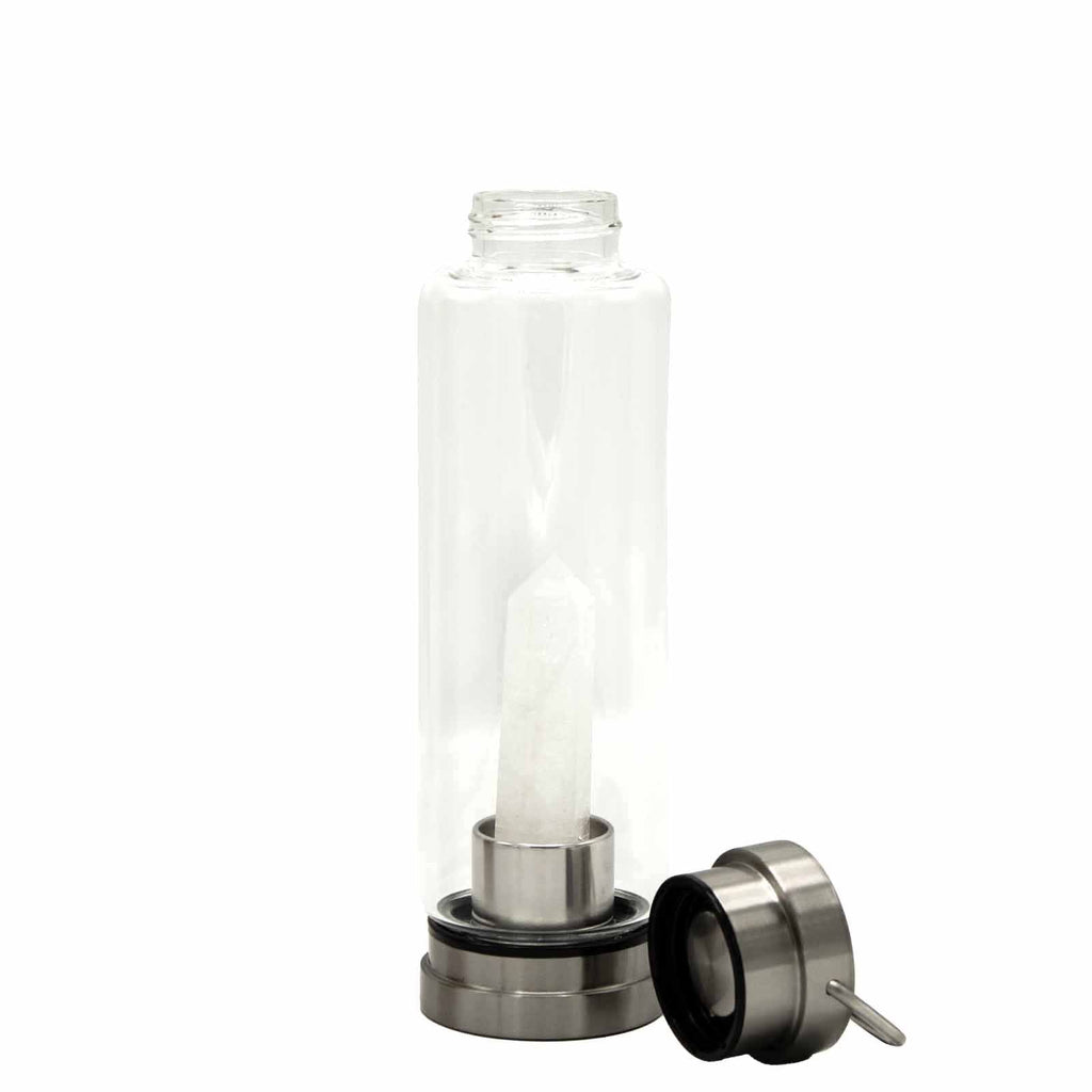 Crystal Infused Glass Water Bottle with Clear Quartz Obelisk