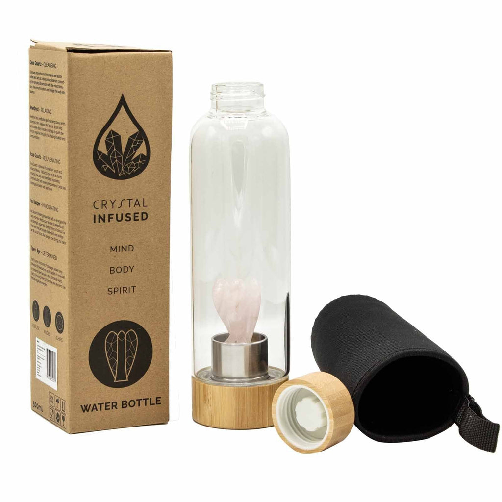 Crystal Infused Glass Water Bottle with Rose Quartz