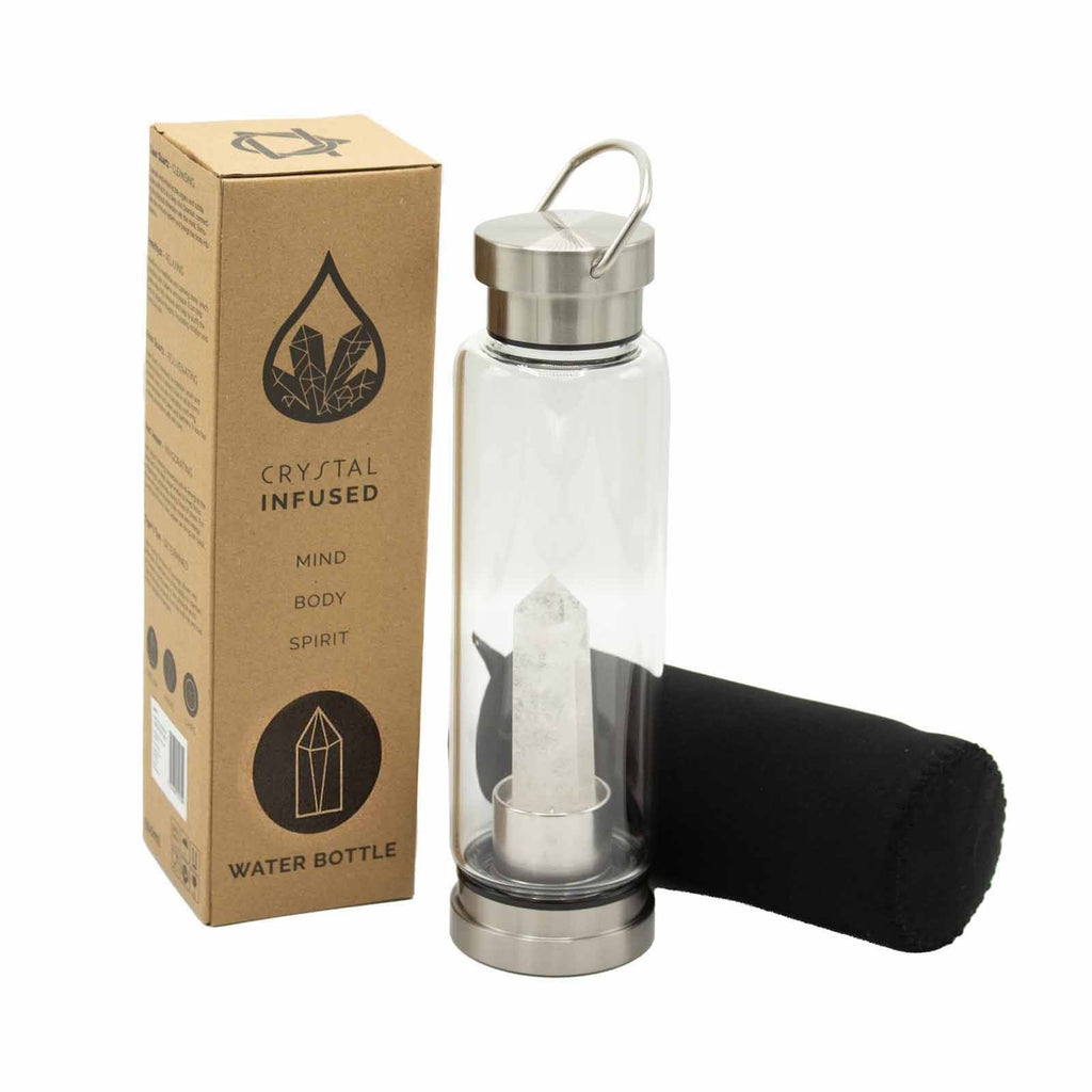 Crystal Infused Glass Water Bottle with Clear Quartz Obelisk