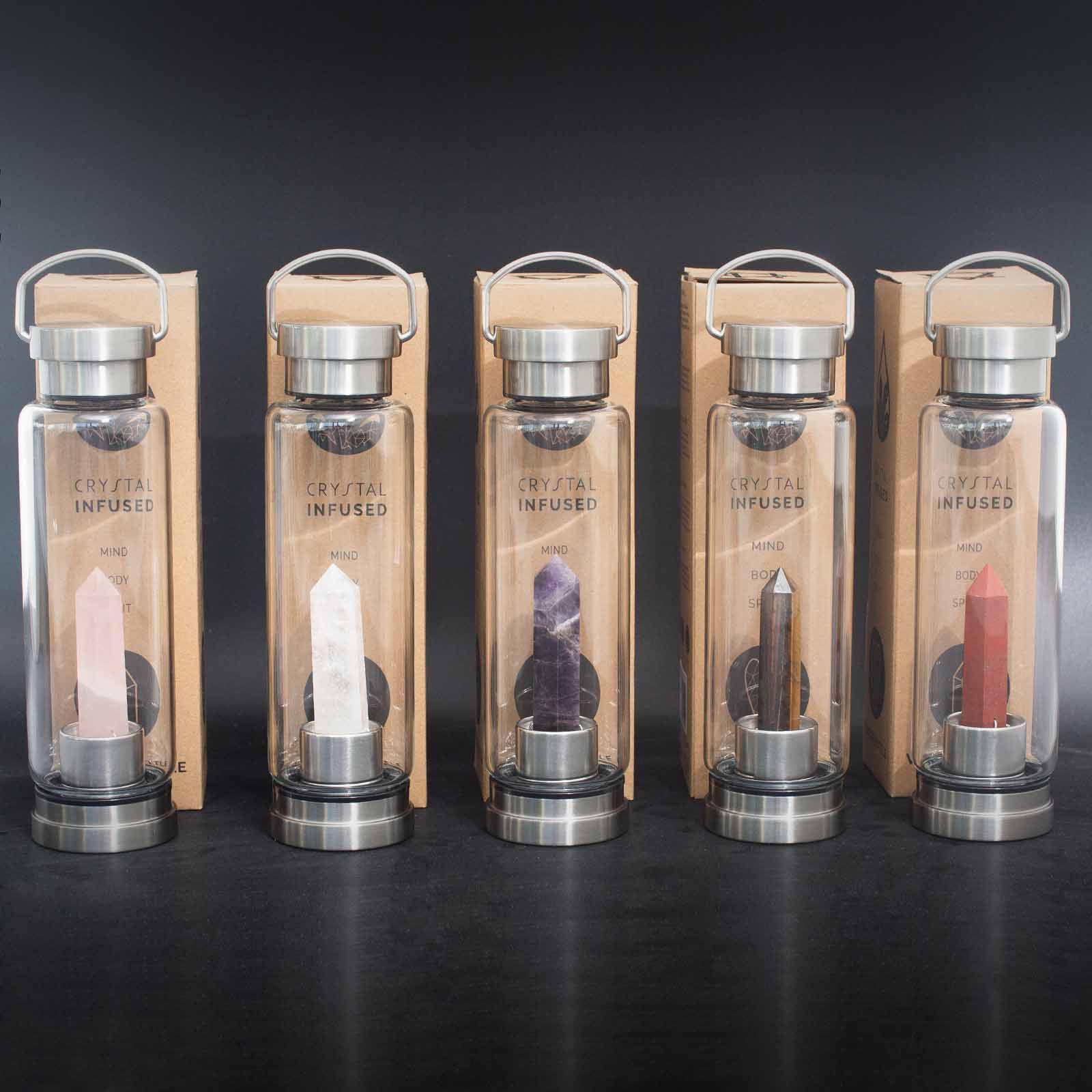 Crystal Infused Glass Water Bottle with Clear Quartz Obelisk