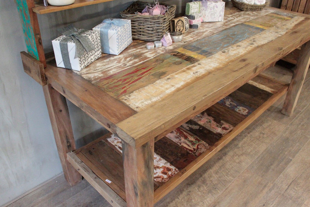 Recycled Teak Wood Dining Table with Top Shelf  220×80x80cm