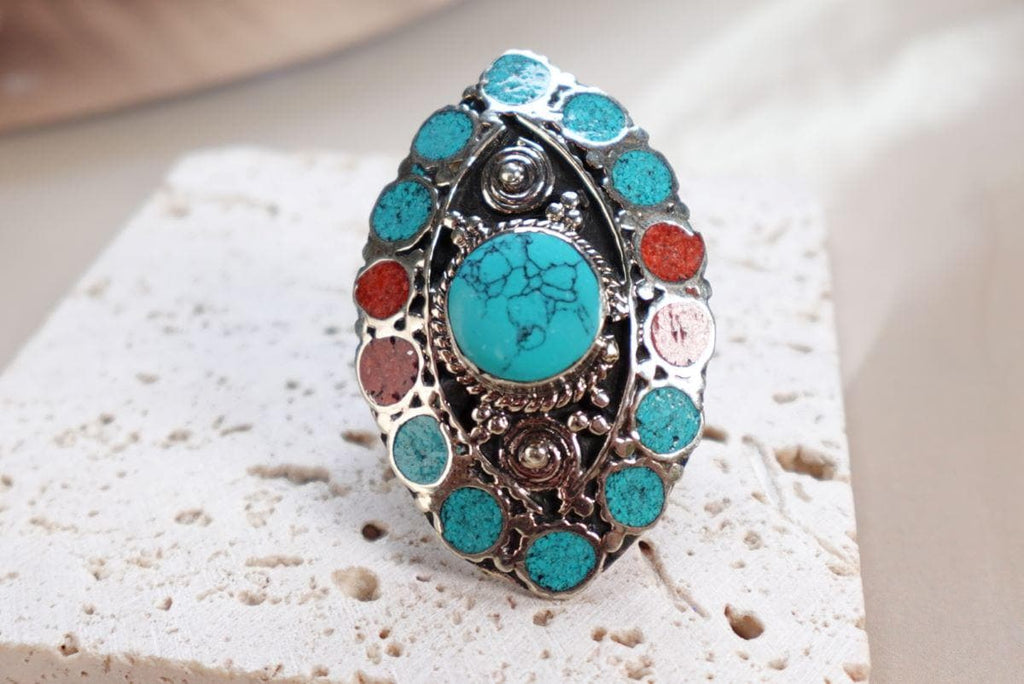 Bohemian Turquoise Statement Rings with Multicolor Inlays.