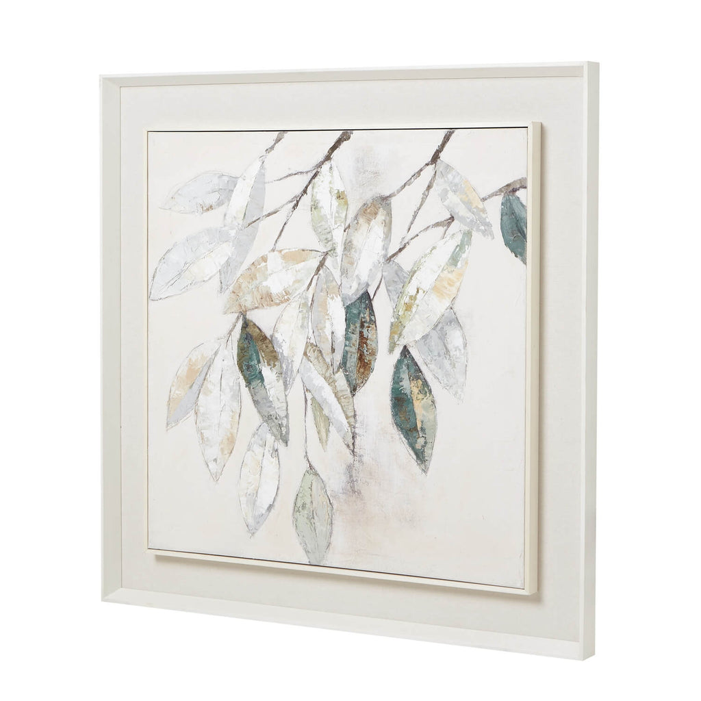 Framed Dolce Mottle leaf painting with silvery leaves on textured canvas in neutral tones, white wooden frame by Sostter at brixbailey.com