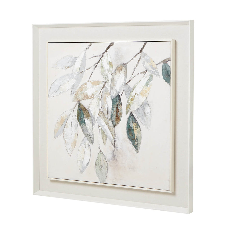 Framed Dolce Mottle leaf painting with silvery leaves on textured canvas in neutral tones, white wooden frame by Sostter at brixbailey.com