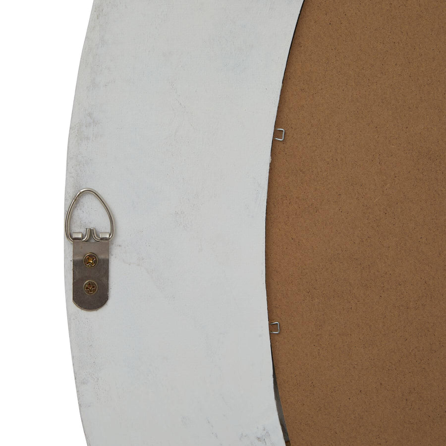 Washed wood round mirror with antique white finish, 90cm diameter, distressed solid wood frame for rustic home decor by Sostter at brixbailey.com