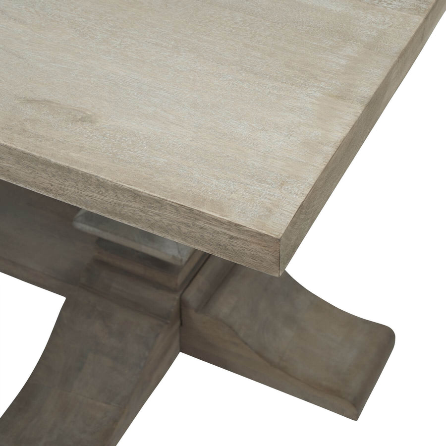 French-inspired artisan dining table with bleached hardwood top and black iron accents, natural brown finish by Sostter at brixbailey.com