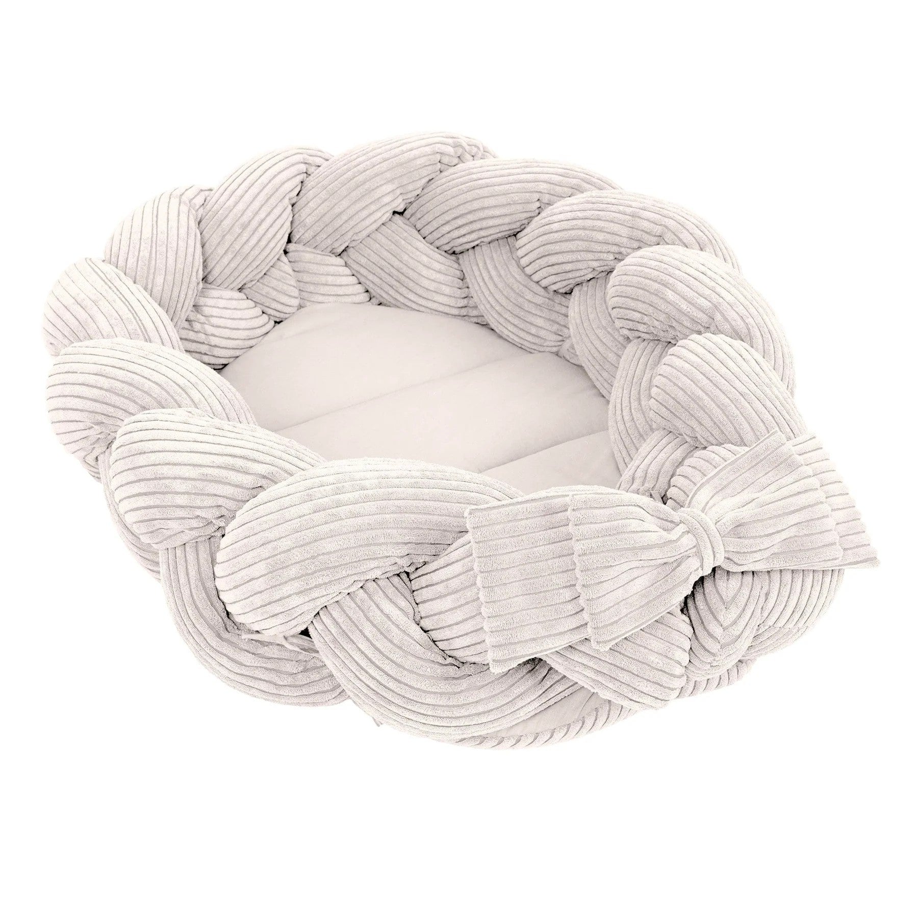 confident view of the ecru baby nest with its long 200 cm braided corduroy bumper