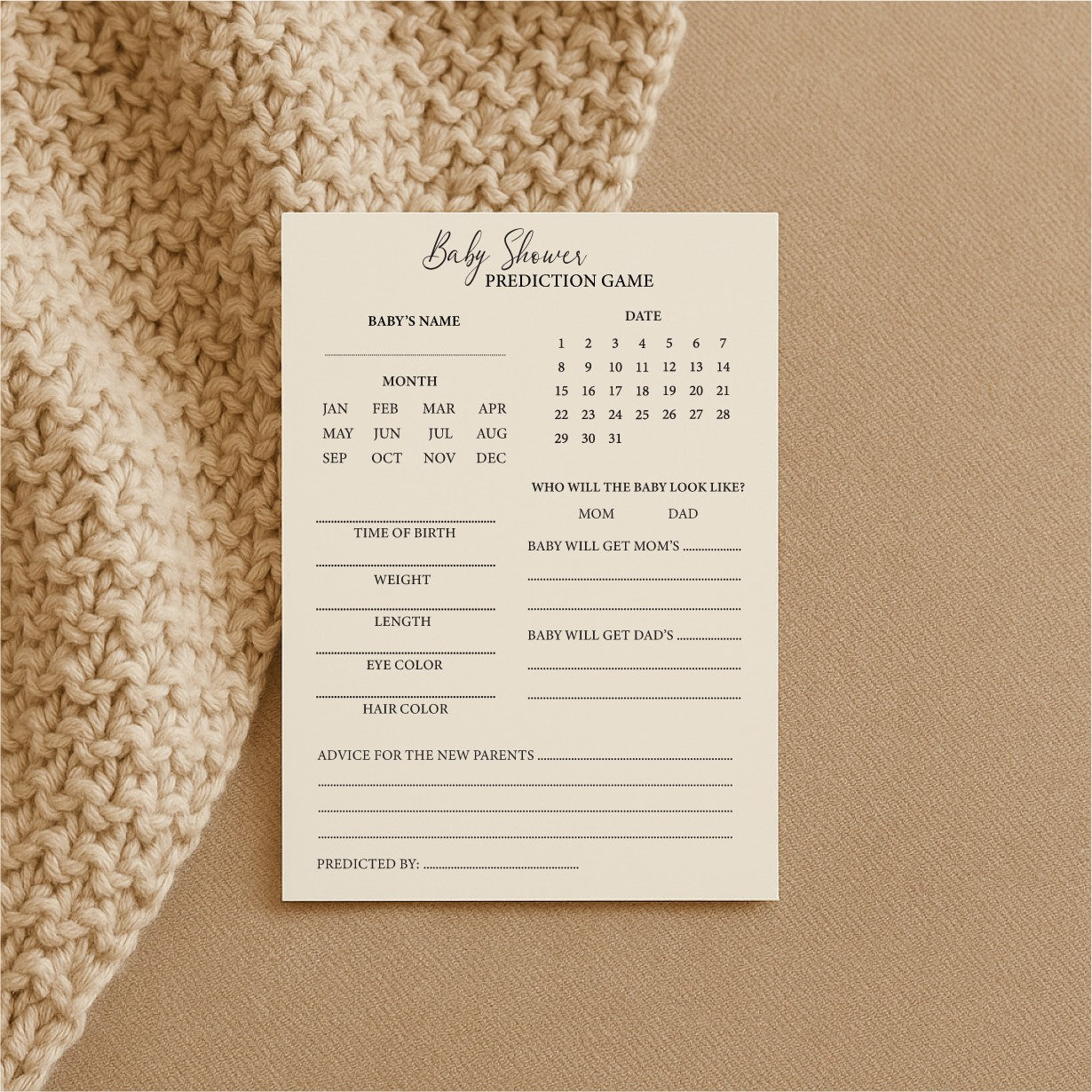 Baby Shower Game Cards - Prediction