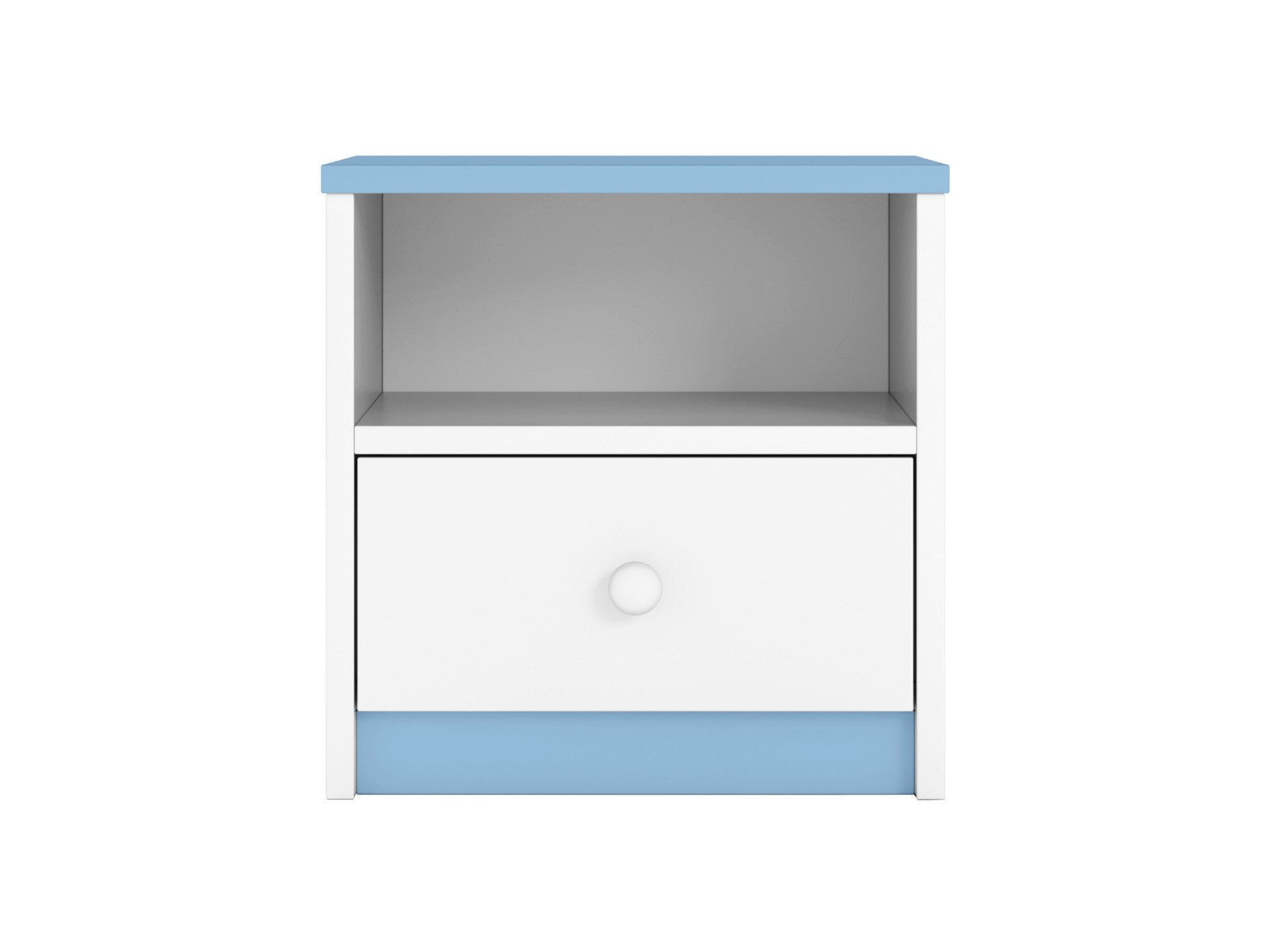a functional and practical pink bedside table for kids with an open shelf and drawer