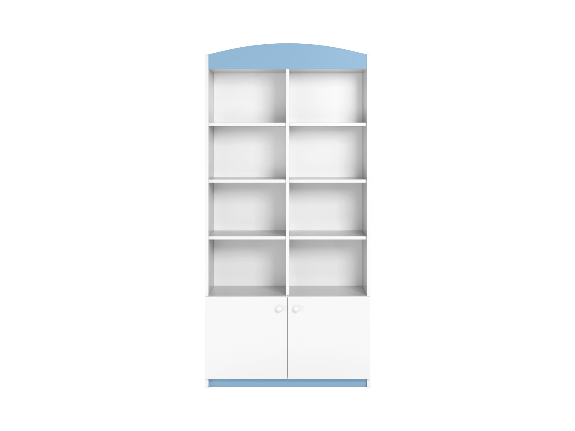 practical double shelf unit in a child's room showing organized storage of books and toys