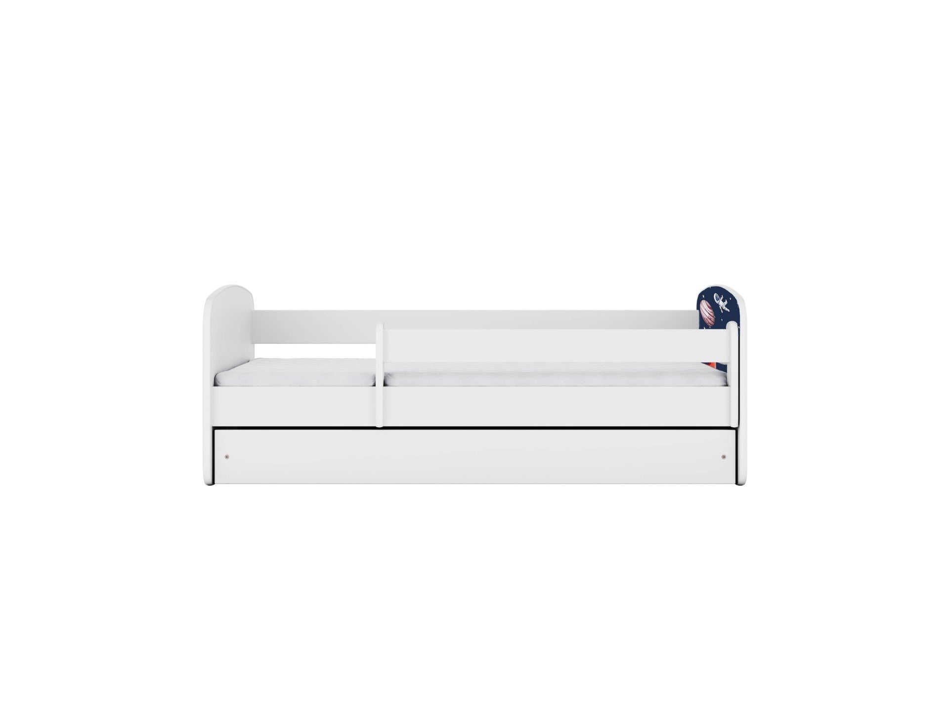 softly lit babydreams cosmos kids bed with cozy bedding and a glowing nightlight nearby