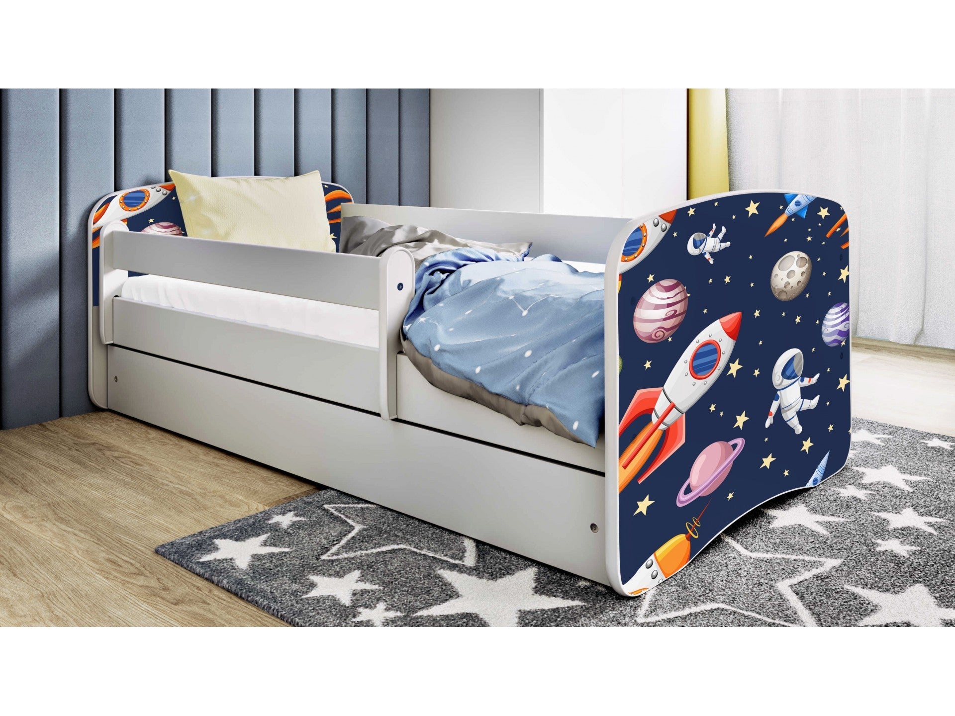 bold front view of the babydreams cosmos kids bed with its durable frame and cosmic-themed stickers