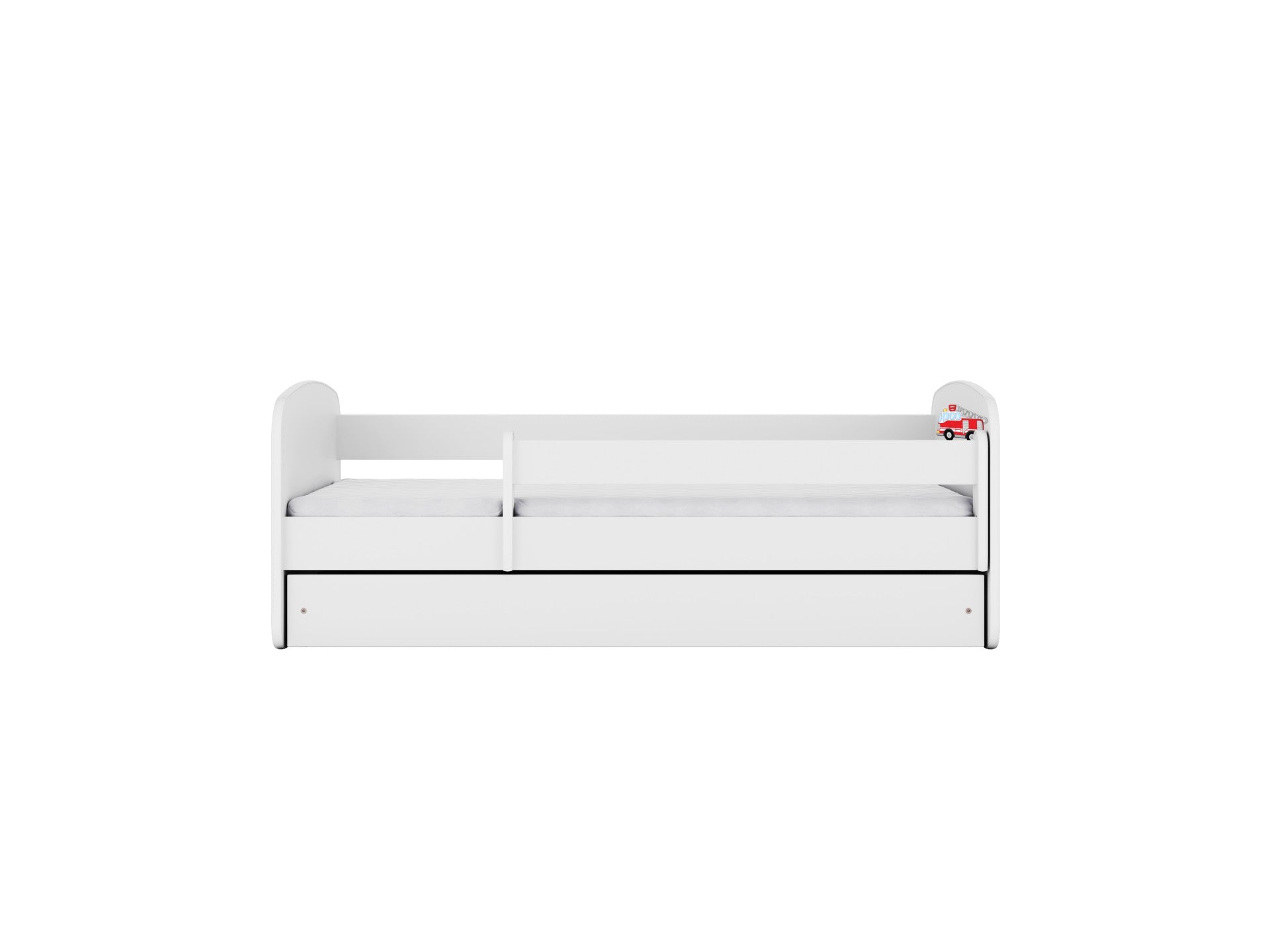 elegant fire truck children's bed with a refined birch slat frame and smooth-rolling storage drawers