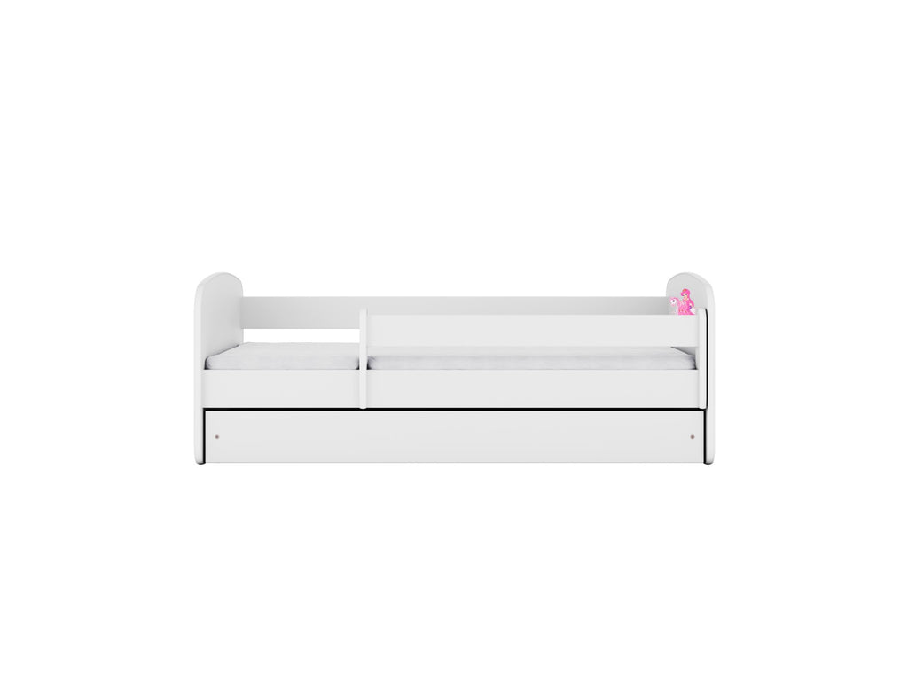 playful pink princess bed with a magical horse sticker and a toy-stuffed drawer