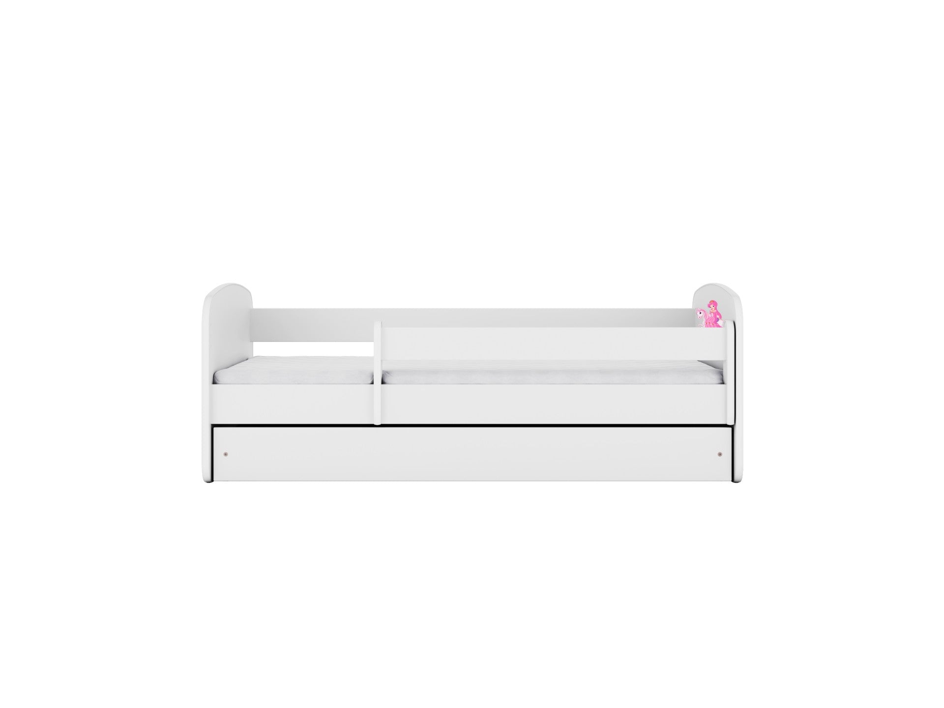 playful pink princess bed with a magical horse sticker and a toy-stuffed drawer