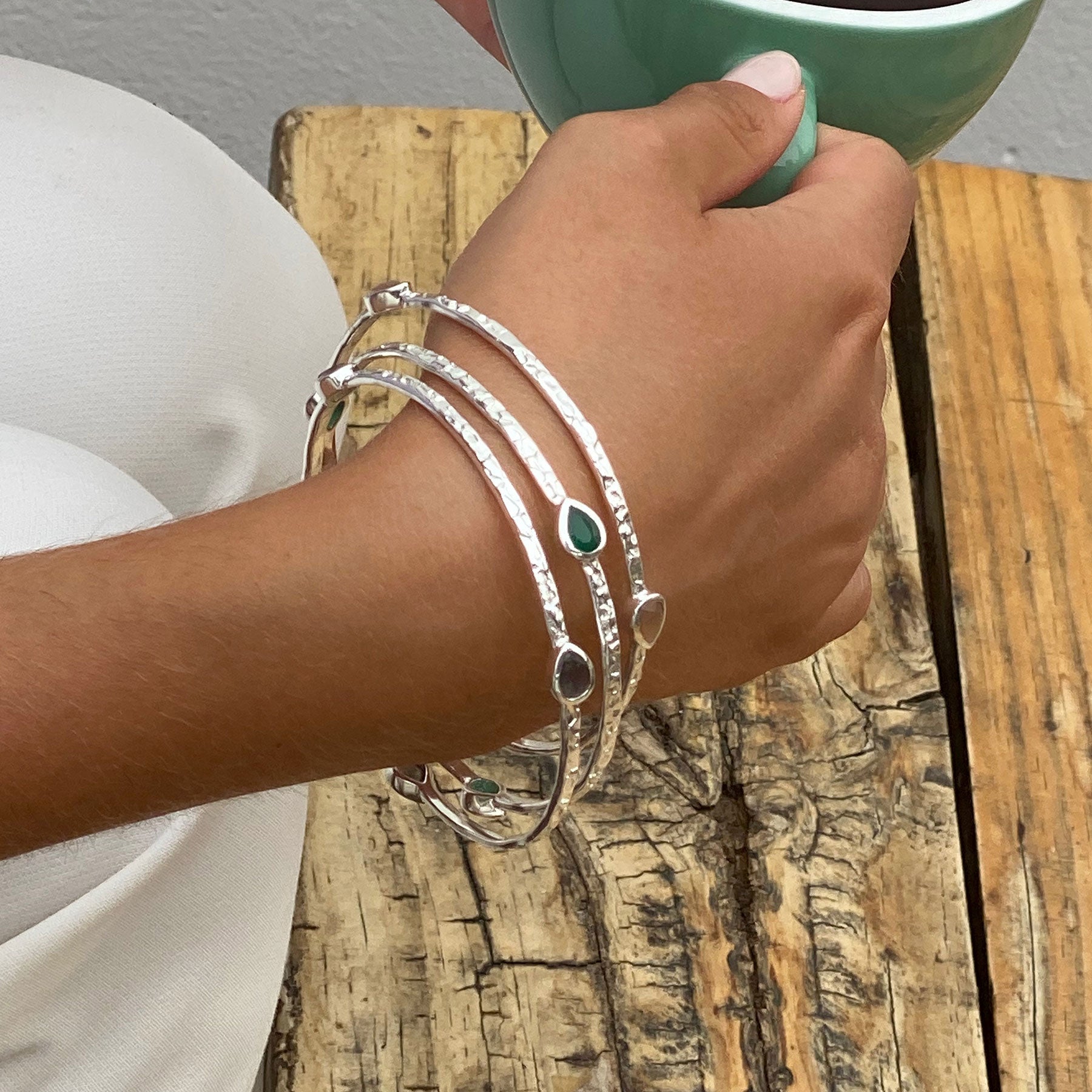 Simi Three Stone Stacking Bangle: Silver Green Onyx