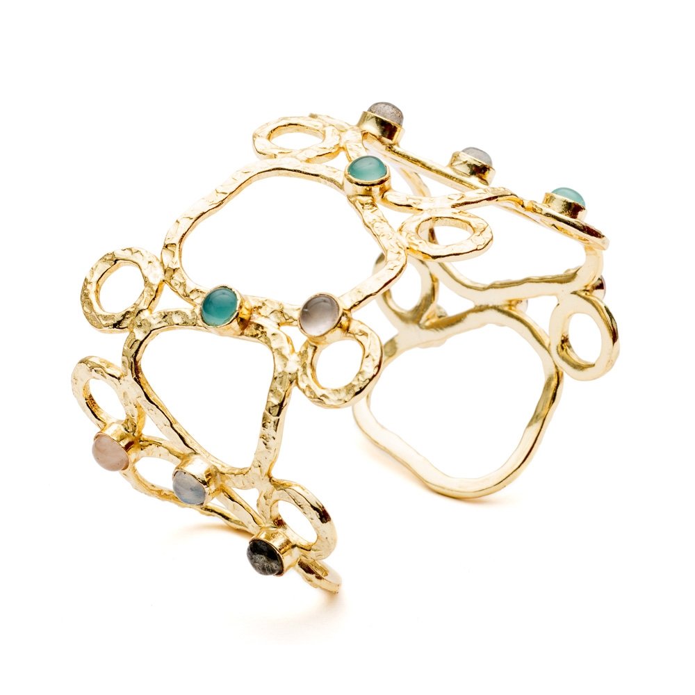 Thalia Sculptural Cuff with Rose Quartz, Moonstone, Labradorite & Pariba Onyx