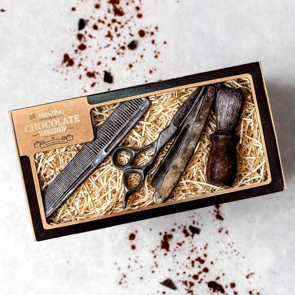 Barbers & Beard Grooming Chocolate Gift Set – Razor, Shaving Brush, Hairdressing Scissors & Comb Box