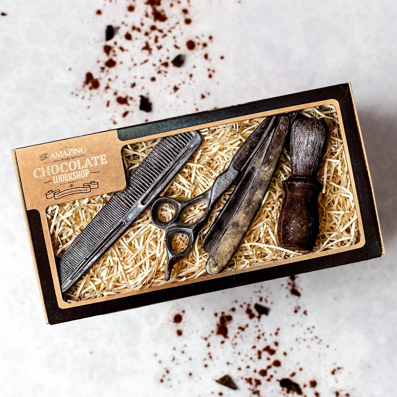 Barbers & Beard Grooming Chocolate Gift Set – Razor, Shaving Brush, Hairdressing Scissors & Comb Box