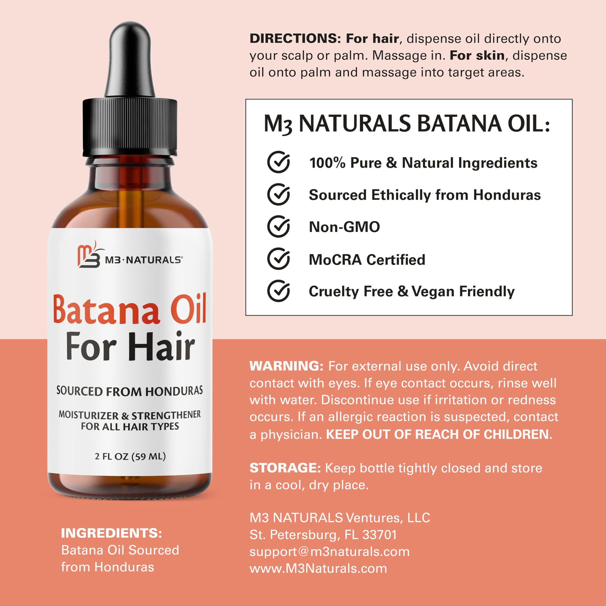 Batana Oil for Hair Growth & Skin – Dr. Sebi Inspired, 100% Pure, Unrefined & Cold-Pressed from Honduras, 2 fl oz (Pack of 2) – M3 Naturals