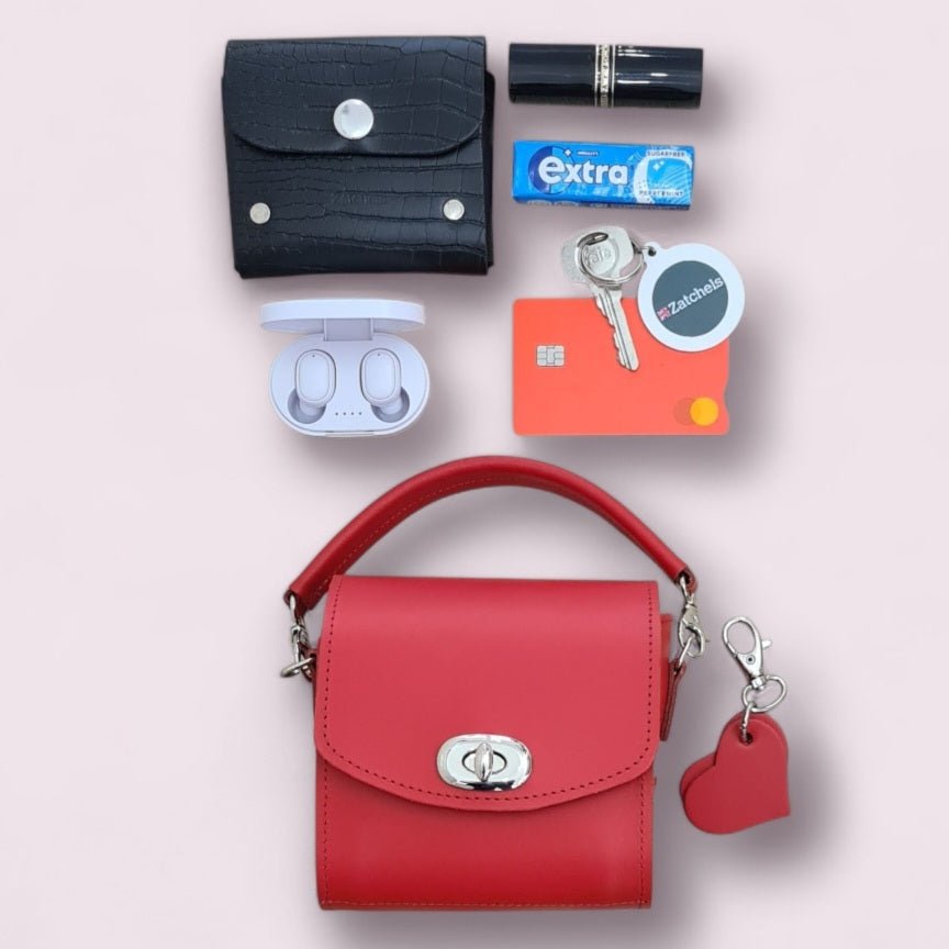 Handmade Leather Handbag Love Hearts Pillar Box Red