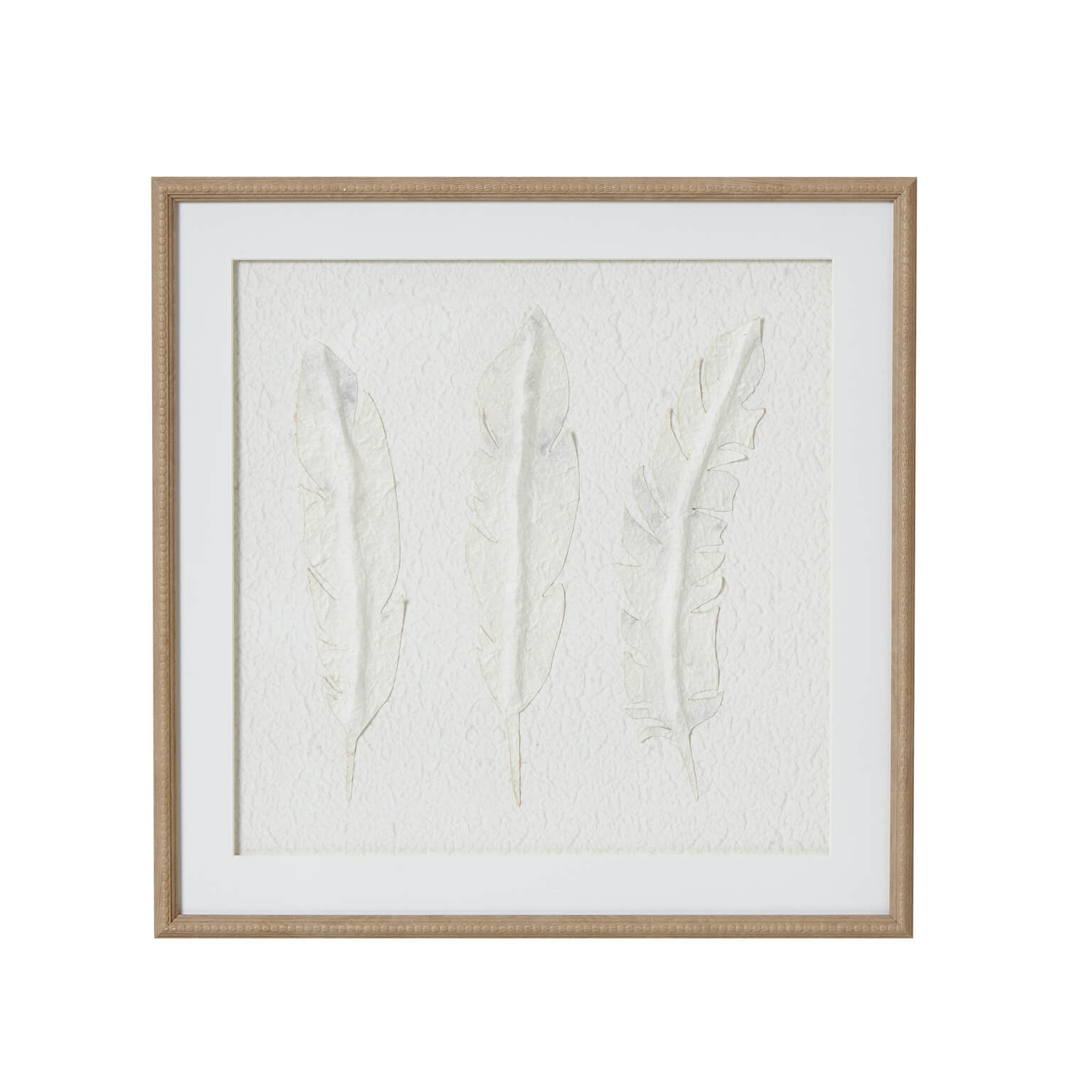 White feather wall art with textured design in champagne wood frame, 50cm x 50cm, for modern interiors by Sostter at brixbailey.com