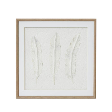 White feather wall art with textured design in champagne wood frame, 50cm x 50cm, for modern interiors by Sostter at brixbailey.com