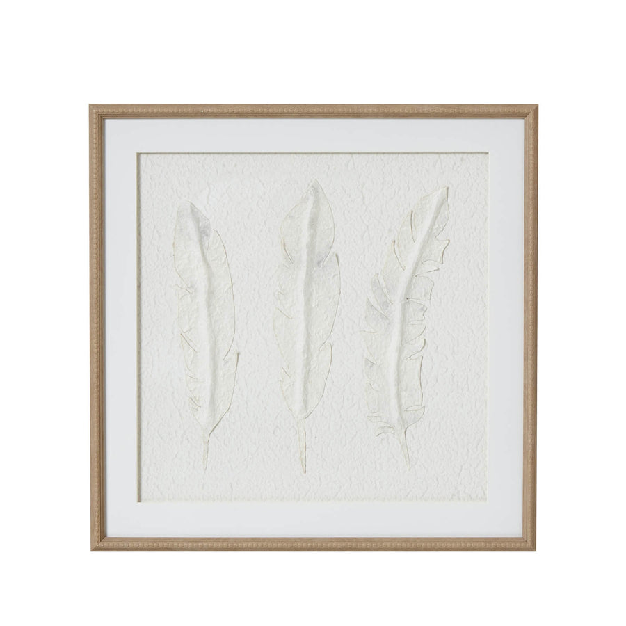 White feather wall art with textured design in champagne wood frame, 50cm x 50cm, for modern interiors by Sostter at brixbailey.com