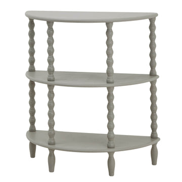 Camden three-tier table in grey, solid wood half-moon design with graduated display levels for elegant home decor by Sostter at brixbailey.com