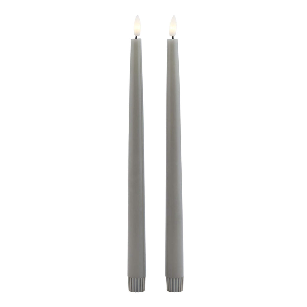 Pair of grey LED wax candles with realistic flicker effect, 25cm tall, for elegant table decor by Sostter at brixbailey.com