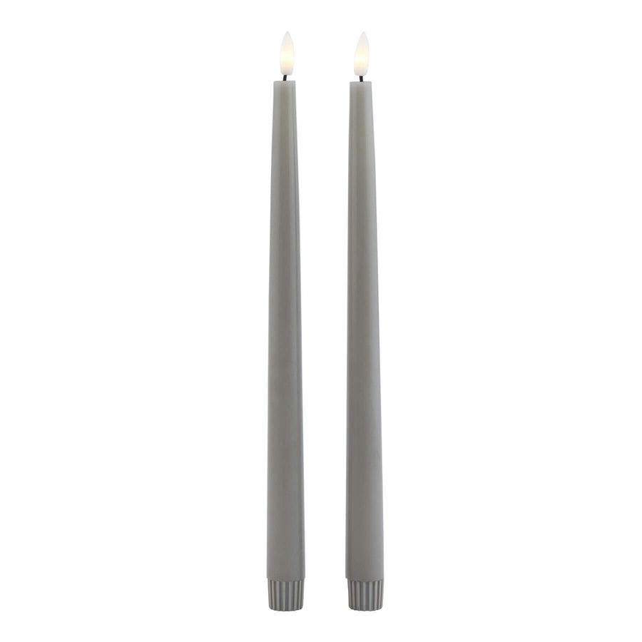 Pair of grey LED wax candles with realistic flicker effect, 25cm tall, for elegant table decor by Sostter at brixbailey.com