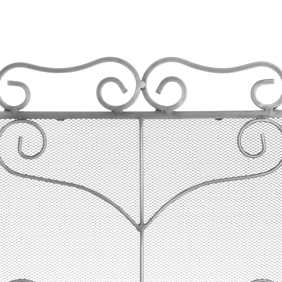 Antique silver fire screen with ornate scrollwork and leaf motifs, 75cm tall, three-panel metal design for fireplace protection. by Sostter at brixbailey.com