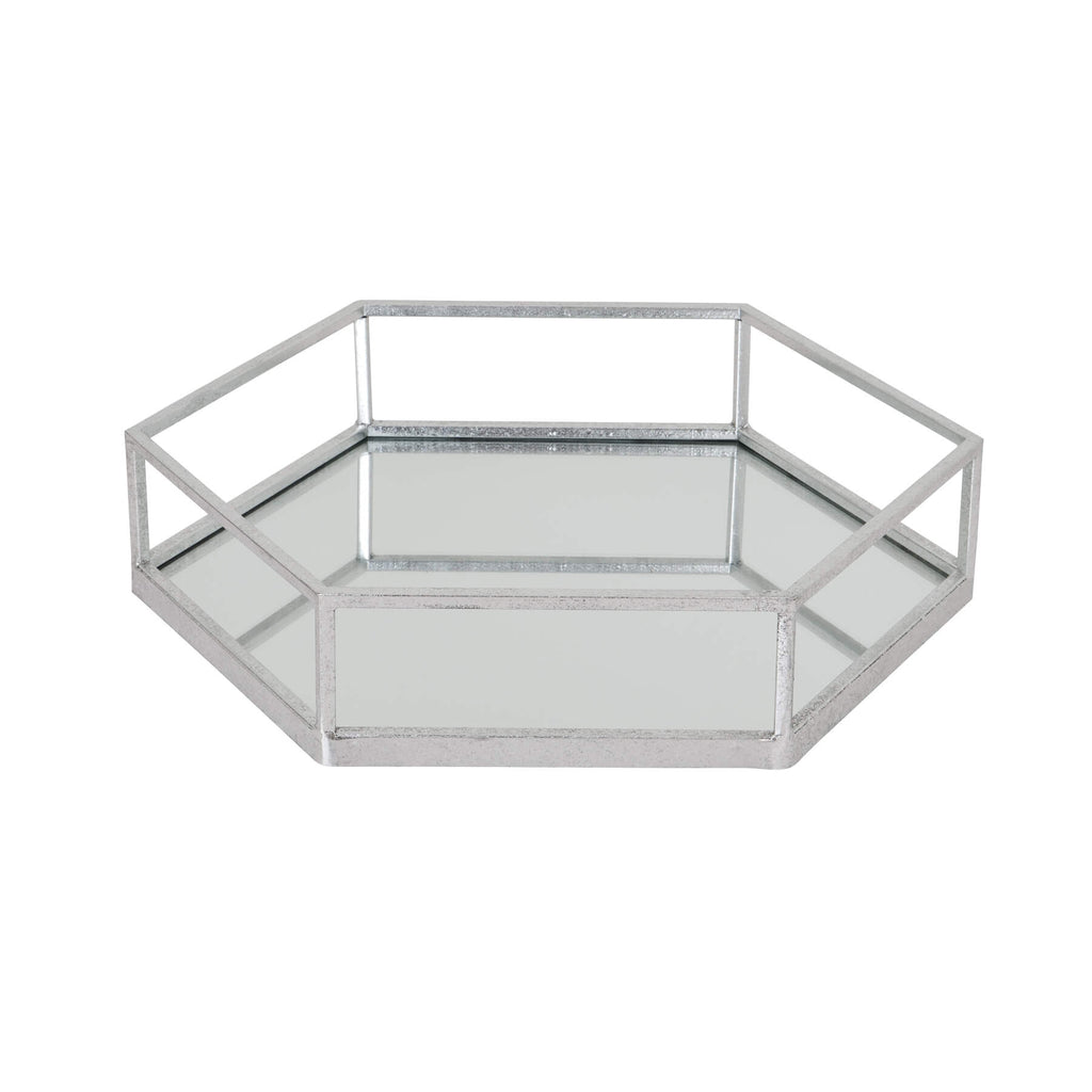 Silver hexagon glass trays with mesh detailing, modern geometric design for home decor or serving. by Sostter at brixbailey.com