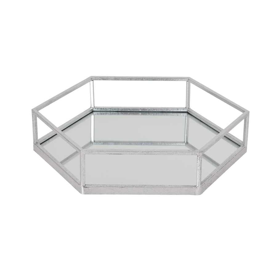 Silver hexagon glass trays with mesh detailing, modern geometric design for home decor or serving. by Hill Interiors at brixbailey.com