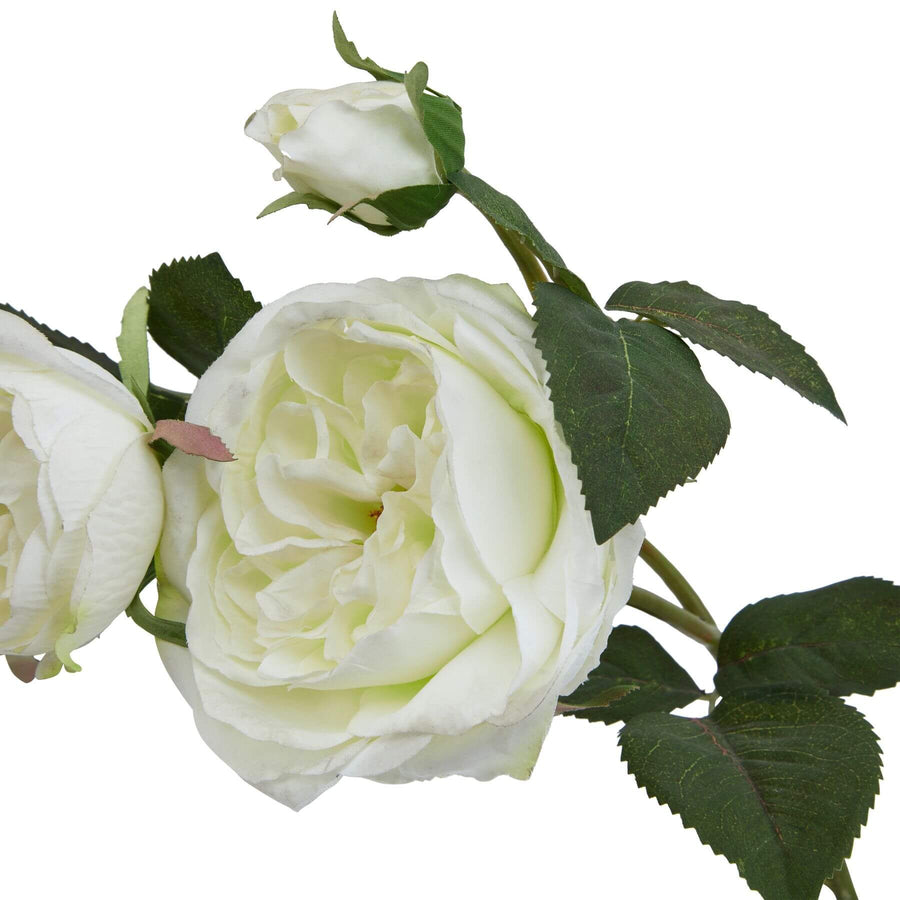 Creamy white artificial Charity Rose with lush green foliage, lifelike botanical replica for home decor by Sostter at brixbailey.com