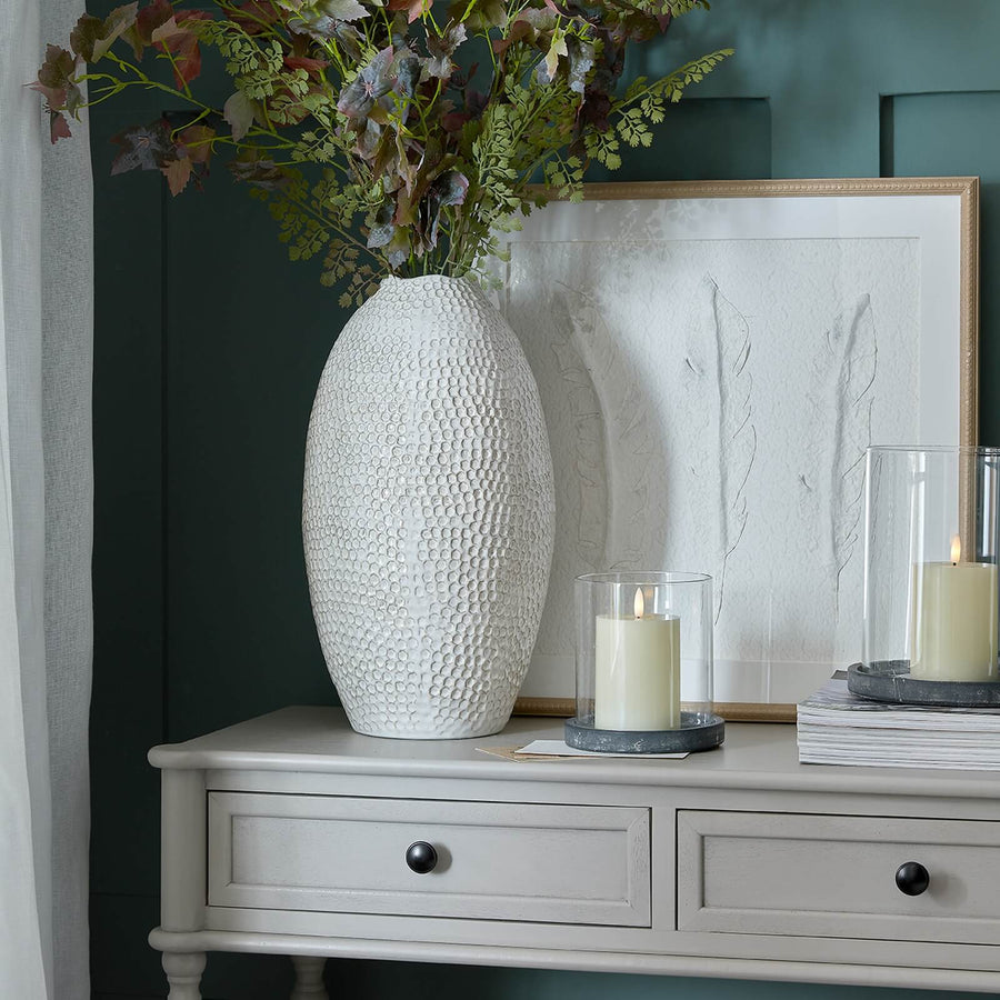 Zaffera Olpe ceramic vase in pure white, fluid silhouette, hand-finished statement piece for modern interiors by Sostter at brixbailey.com
