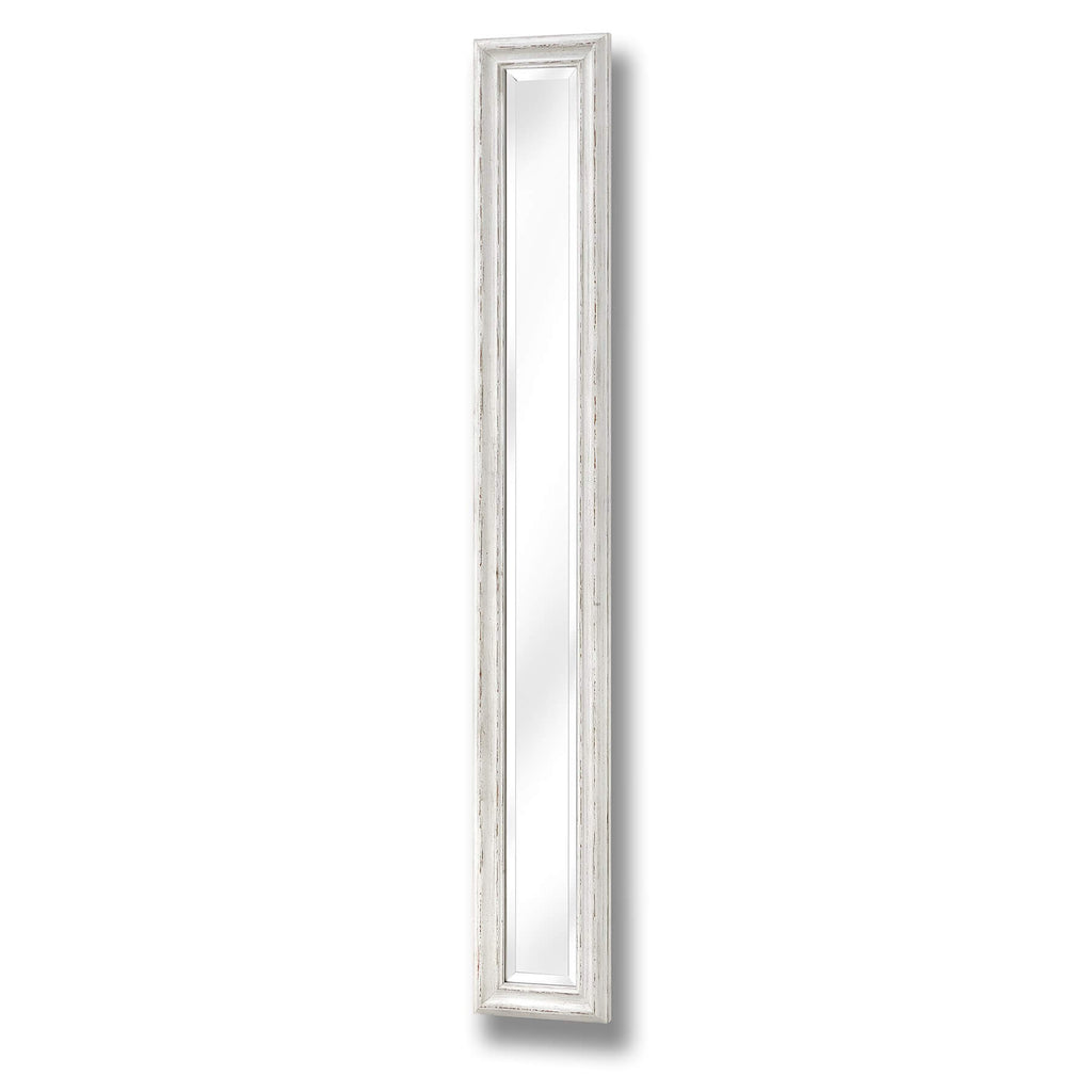 Antique white narrow wall mirror with delicate frame, perfect for hallways and small spaces, enhances light and expands rooms visually. by Sostter at brixbailey.com
